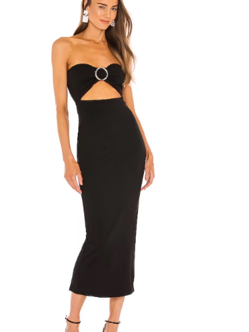 Strapless Black Midi Dress with Cutout and Ring Accent